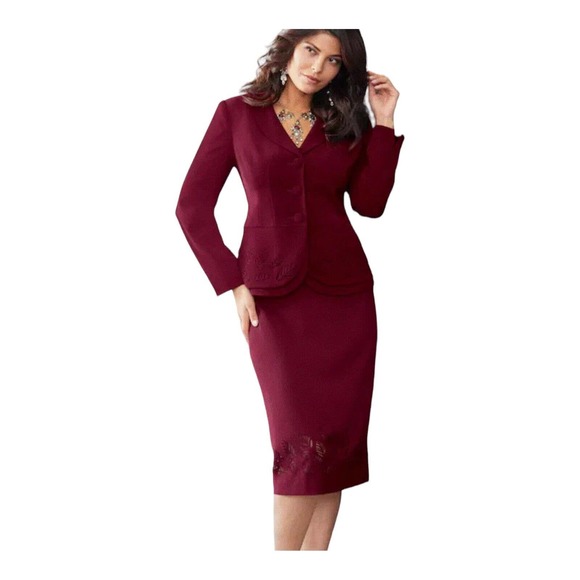 Midnight Velvet Cutwork Fall Burgundy Desk to  Dinner Office Power Skirt Suit - Picture 1 of 15